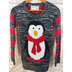 Derek Heart Sweater Sz S Fuzzy Penquin Holiday Jingle Bells Cozycore